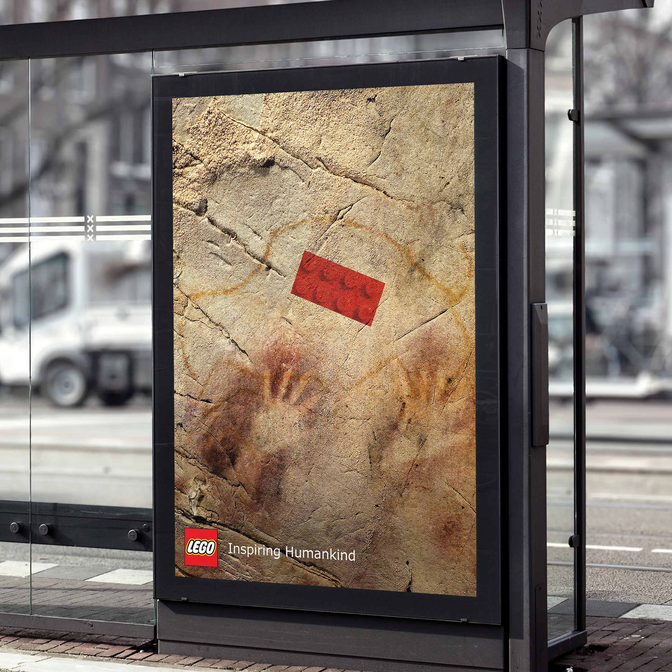 Bus stop poster of a LEGO brick in a cave painting