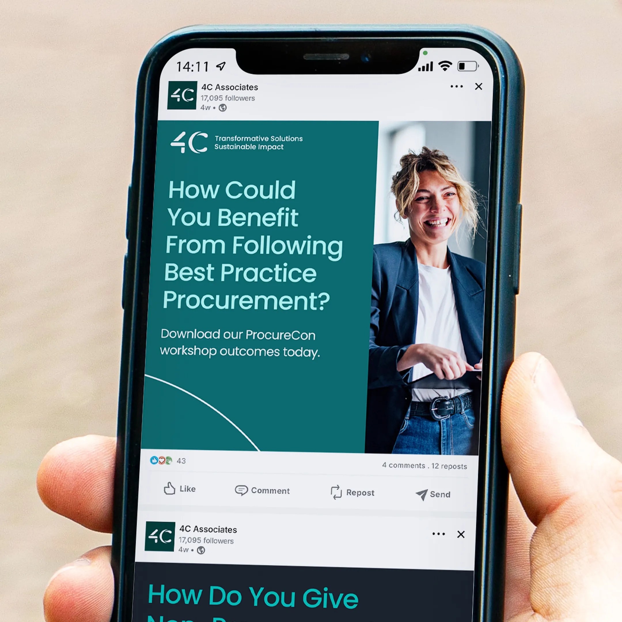 Hand holding moile phone showing an Instagram post for 4C Associates